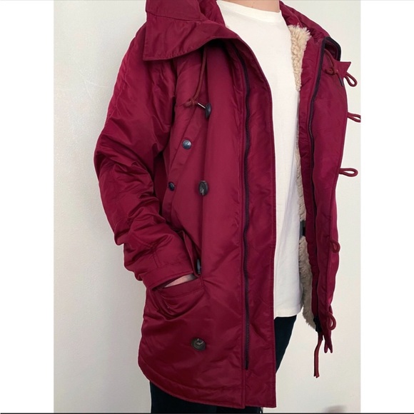 NEW True Religion Parka Fur Sherpa Zip Button Winter Jacket Hooded Coat Maroon - Picture 3 of 12
